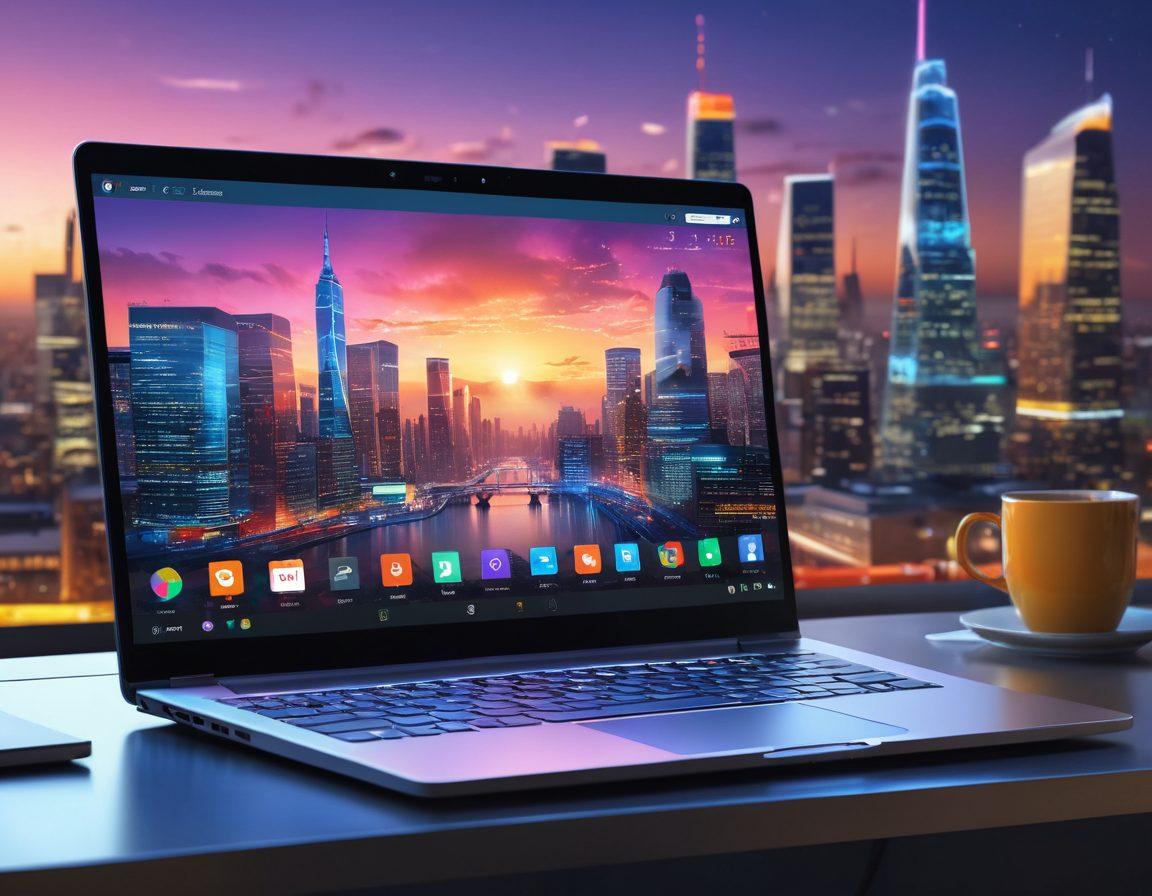 A sleek, futuristic laptop displaying a vibrant, dynamic browser interface with notifications of essential updates. Surrounding the laptop are various digital icons symbolizing modern web tools, like cloud storage and cybersecurity shields. The background features a blurred city skyline, representing the fast-paced digital world. Bright, energetic colors highlight the theme of innovation and advancement. super-realistic. vibrant colors. 3D.