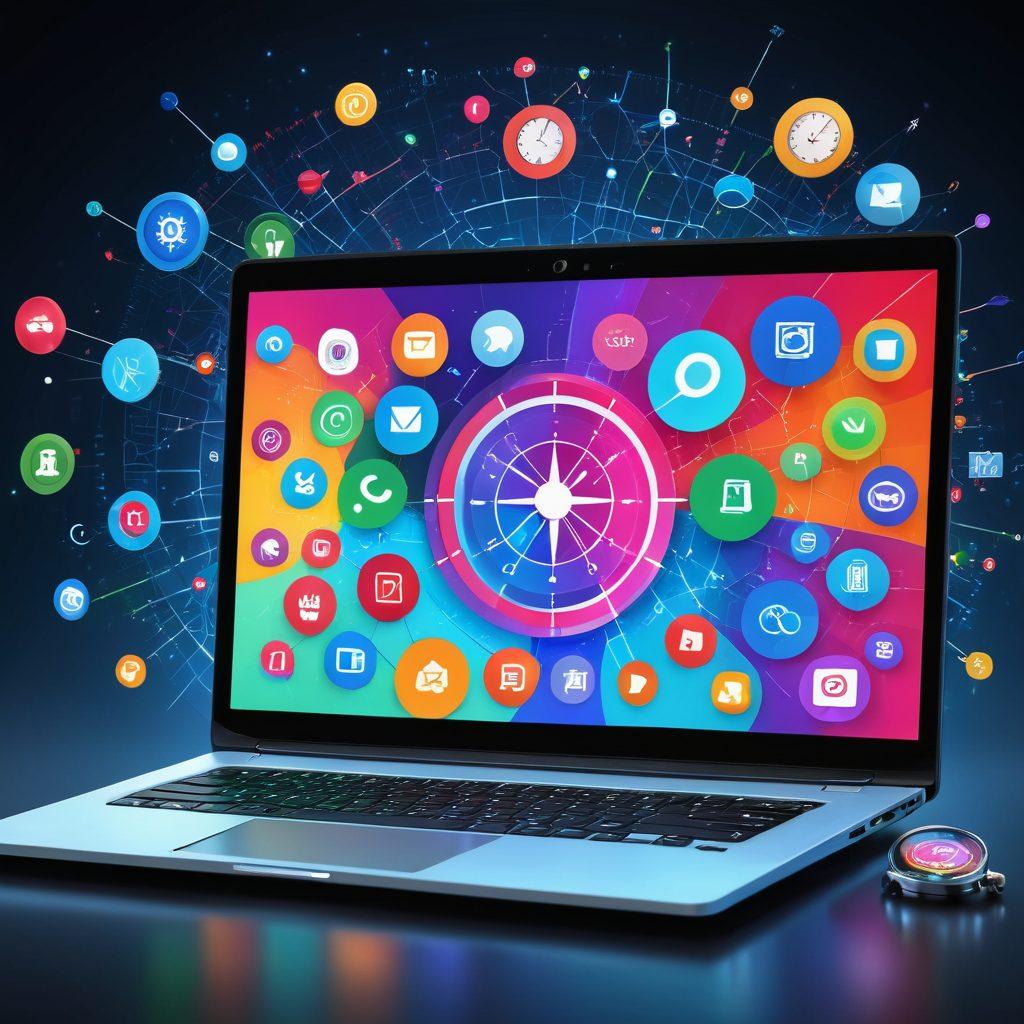 A vibrant digital landscape illustrating diverse web tools in action: a laptop displaying a colorful dashboard, icons for productivity apps floating around, a compass symbolizing navigation, and a magnifying glass for search. The background includes abstract representations of the internet like interconnected networks and data streams. super-realistic. vibrant colors. 3D.