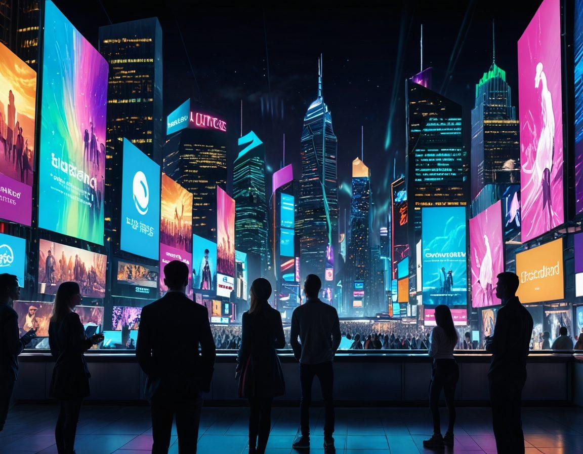 A futuristic city skyline with digital billboards displaying unique browser features like tab management and privacy settings. In the foreground, a diverse group of people engaging with holographic screens while surfing the web, with vibrant graphic elements illustrating the essence of enhanced internet surfing. The sky is illuminated with a digital aurora that symbolizes innovation. cyberpunk. vibrant colors. 3D.